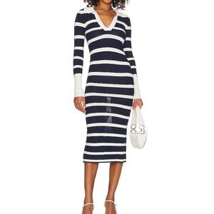 L'Academie Arlie Striped Midi Knit Dress Navy White XS Long Sleeve Collared